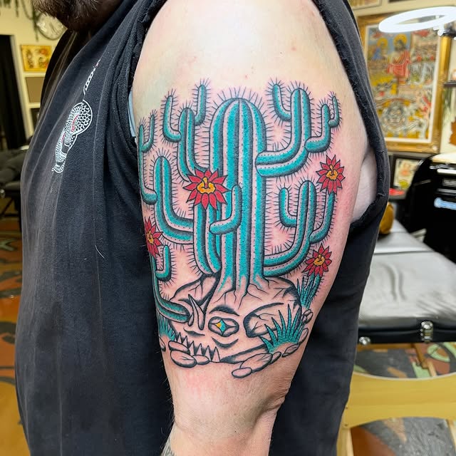 Tattoo by Darin Roth: Fresh vs. Healed 💀🌵 on the man himself, thanks again Gilly! Picked from my predrawn designs. I have tons of predrawn designs to pick from,